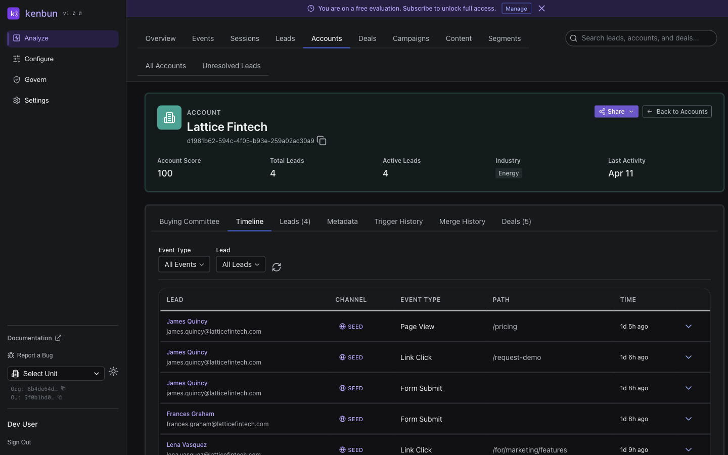 Account detail with engagement timeline