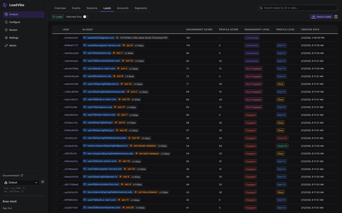 Leads table displaying rows with columns for lead email, engagement score, profile score, engagement level, profile level, and creation date