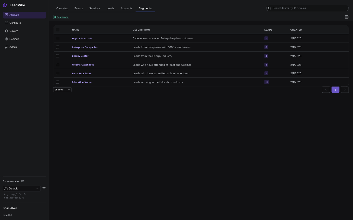Segments page showing a list of segments with columns for name, description, lead count, and creation date