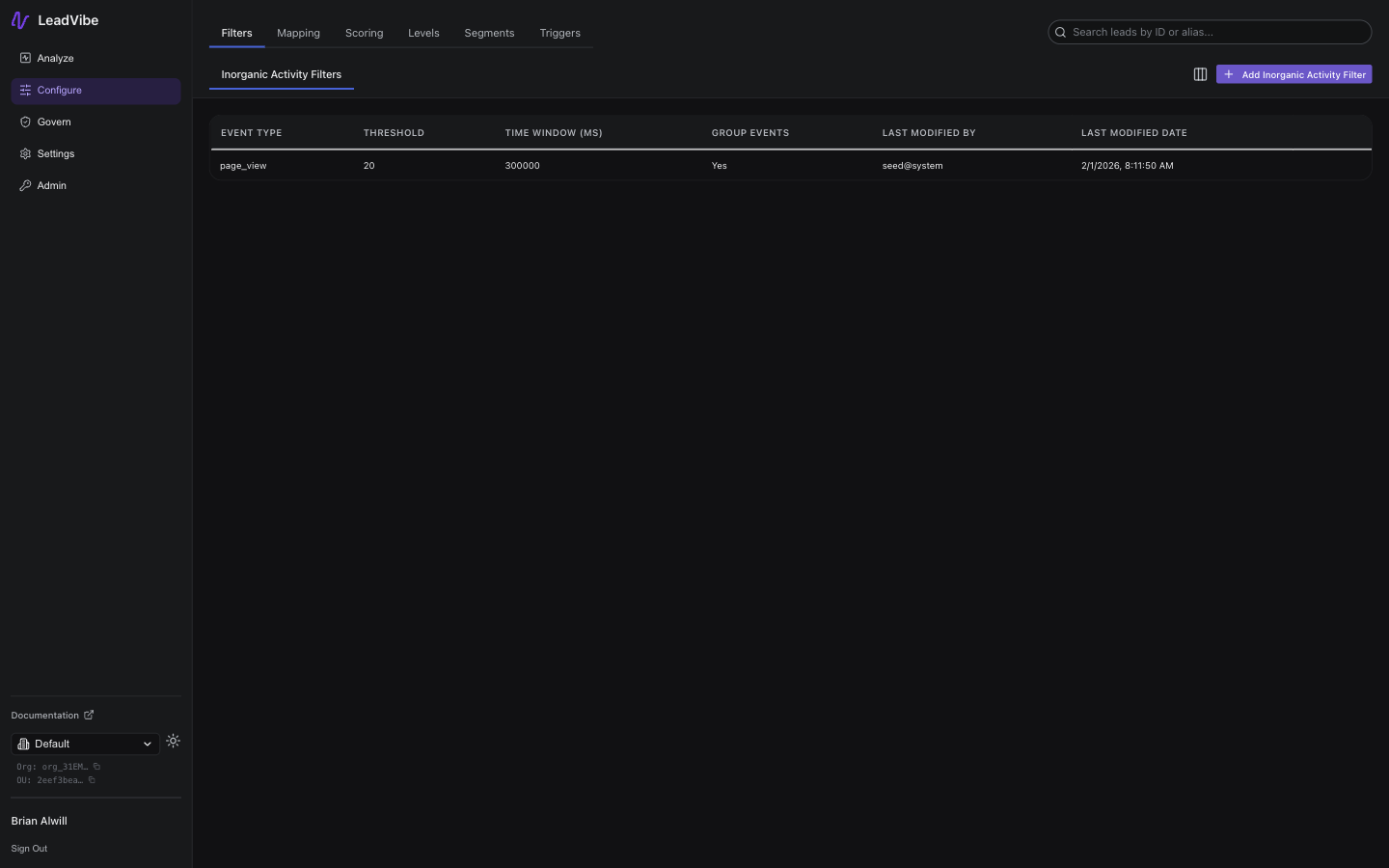 Configure Filters page showing the Inorganic Activity Filters tab with a filter list displaying event type, threshold, time window in milliseconds, group events toggle, last modified by, and an Add Inorganic Activity Filter button