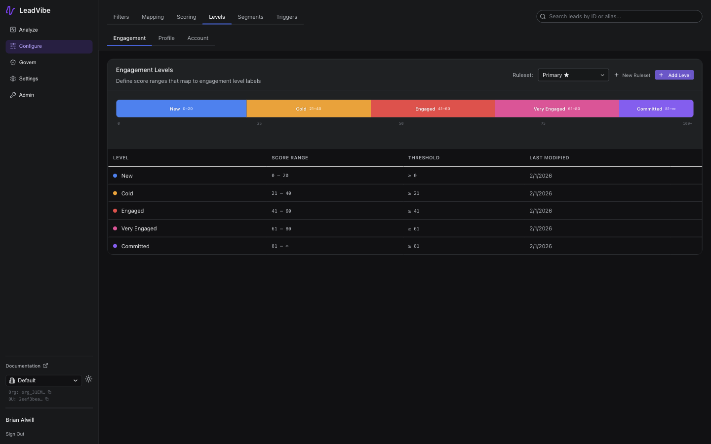 Configure Levels page showing the color-coded level bar visualization, level table with score ranges, and Add Level button