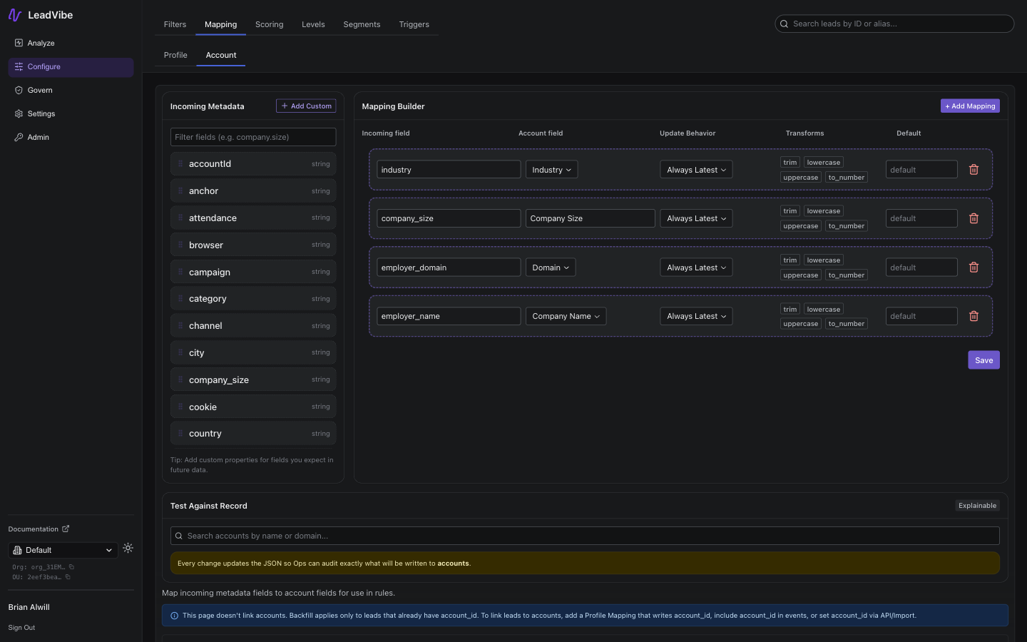 Account mapping configuration showing source fields mapped to account properties