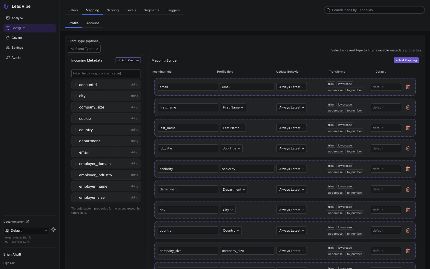 Profile mapping configuration showing source fields mapped to profile properties