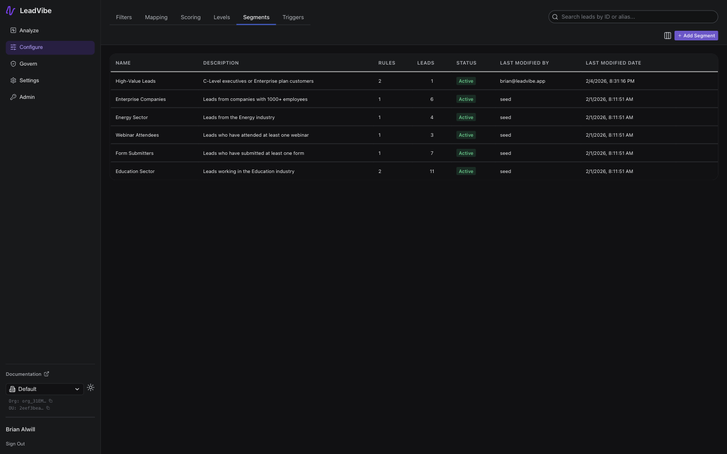 Segments configuration page showing a list of segments with name, description, status, lead count, and action buttons
