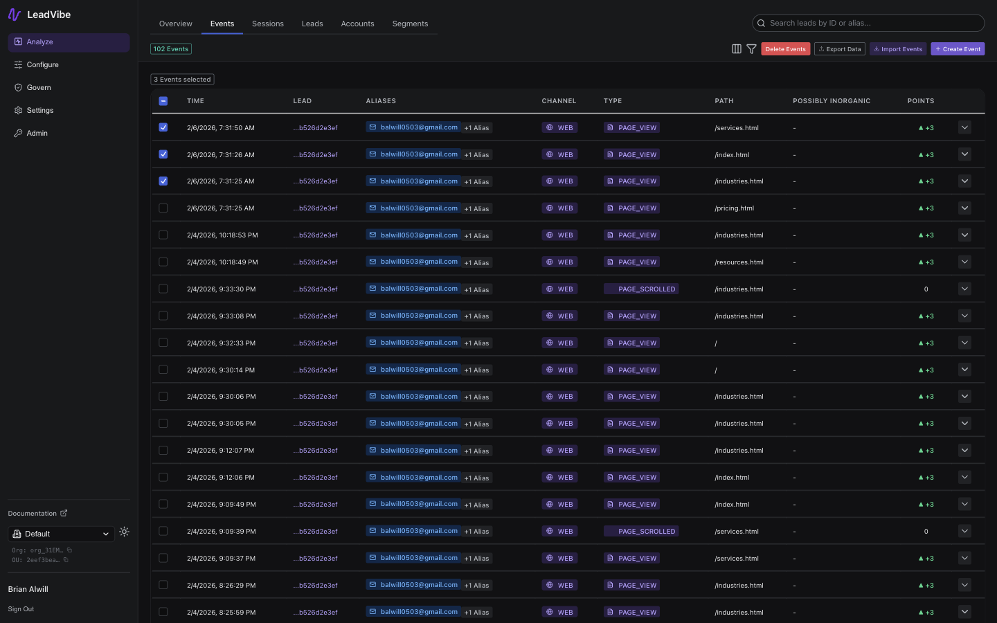 Events batch actions