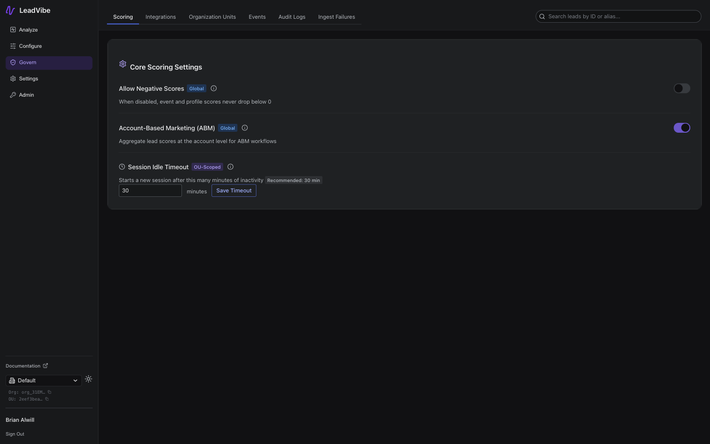 Govern Scoring Settings page showing the Account-Based Marketing toggle enabled under Core Scoring Settings