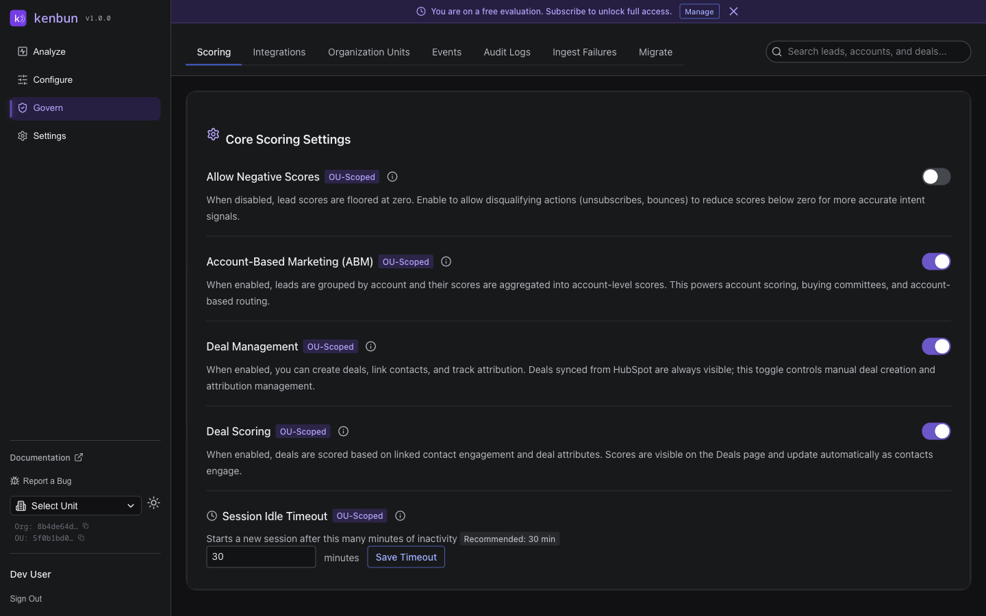 Govern Scoring Settings page showing Core Scoring Settings with Allow Negative Scores toggle, Account-Based Marketing toggle enabled, and Session Idle Timeout set to 30 minutes