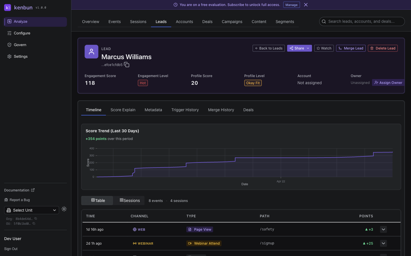 Lead detail page with Share button