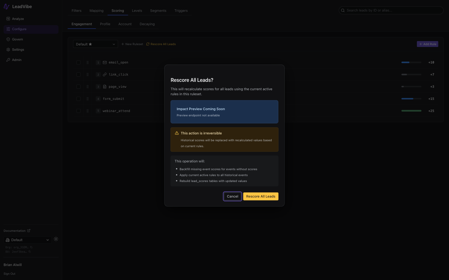 Rescore All Leads confirmation dialog