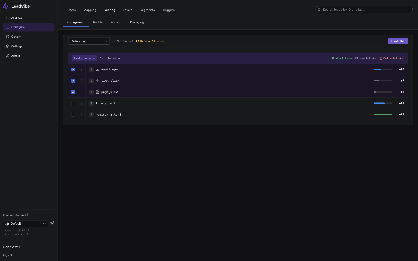 Scoring rules bulk actions