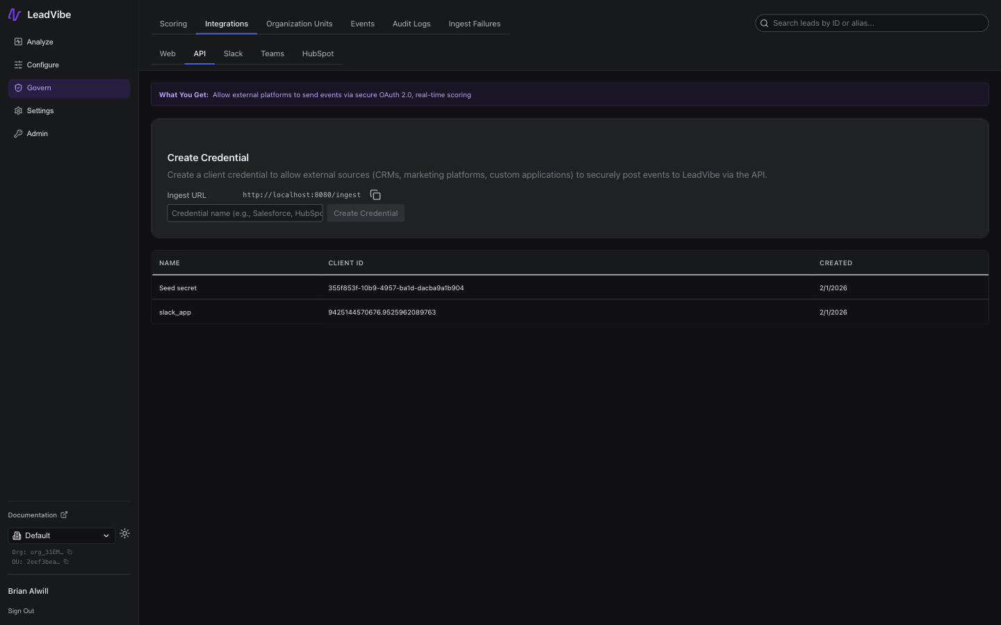 API Secrets page showing the Create Credential form with ingest URL, credential name input, and a table of existing credentials with name, client ID, and creation date