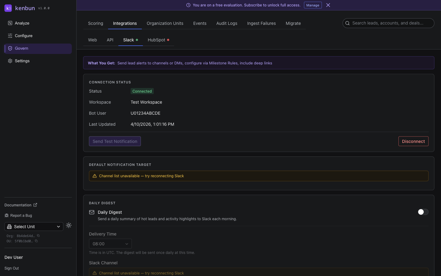 Slack integration settings page showing connection status (Connected), workspace name, bot user ID, last updated timestamp, Send Test Notification and Disconnect buttons, a Default Notification Target section displaying the warning "Channel list unavailable — try reconnecting Slack", and a separate Daily Digest section with a delivery time selector