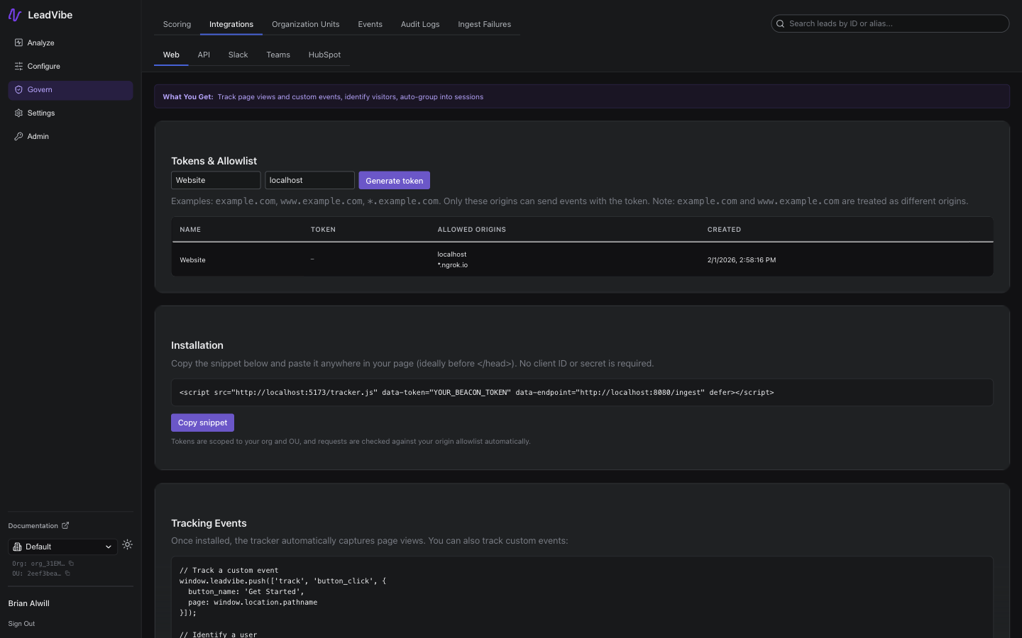 Govern Integrations Web page showing token configuration, beacon snippet with copy button, and tracking code examples