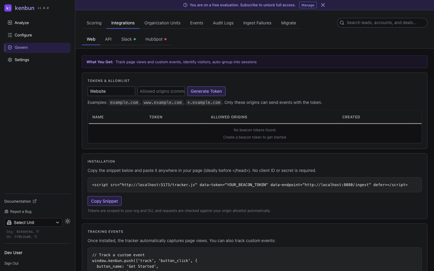 Govern Integrations Web page showing token configuration, beacon snippet with copy button, and tracking code examples