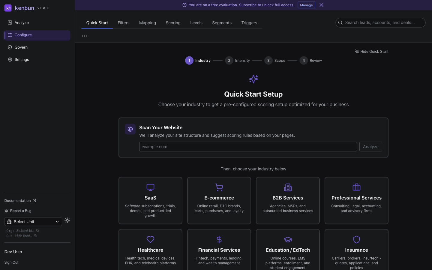 Quick Start Step 1 — Industry selection with Scan Your Website
