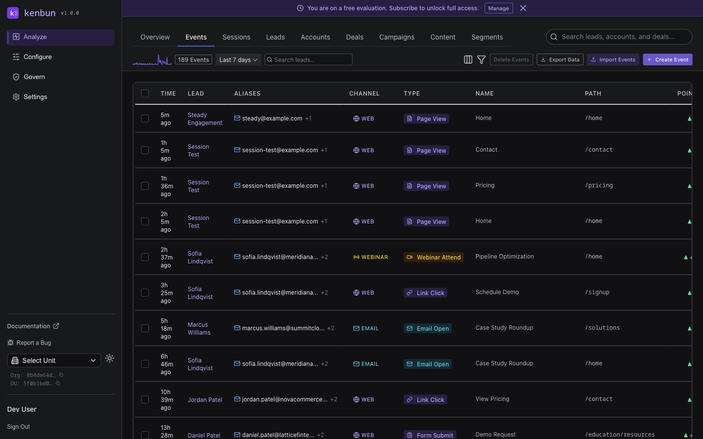 Events page showing event rows