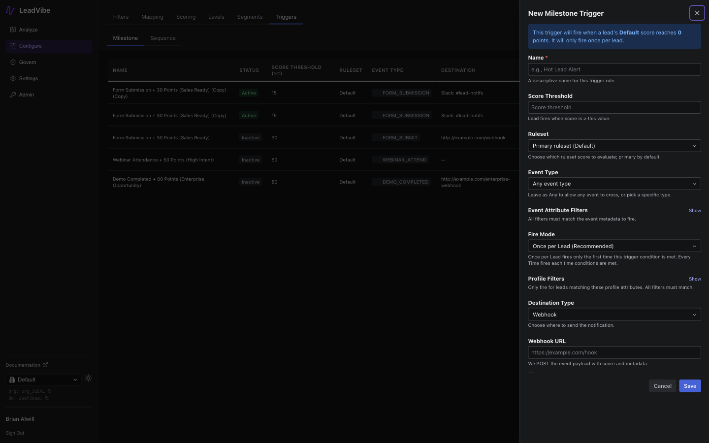 New Milestone Trigger creation form showing fields for Name, Score Threshold, Ruleset, Event Type, Event Attribute Filters, Fire Mode set to Once per Lead, Profile Filters, Destination Type set to Webhook, and Webhook URL, with Cancel and Save buttons